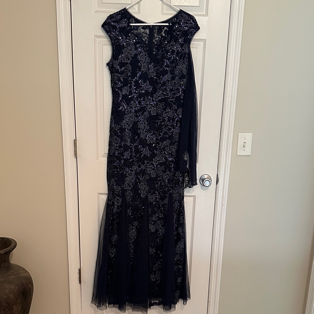 Alex Evenings Navy Sequin Lace Maxi Gown